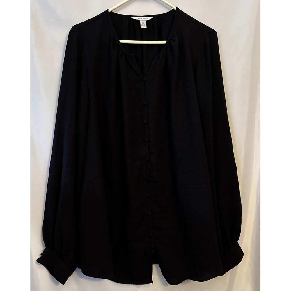 Nine West Tunic Top Blouse 2XL Woman Plus Black Button Front Long Balloon Sleeve